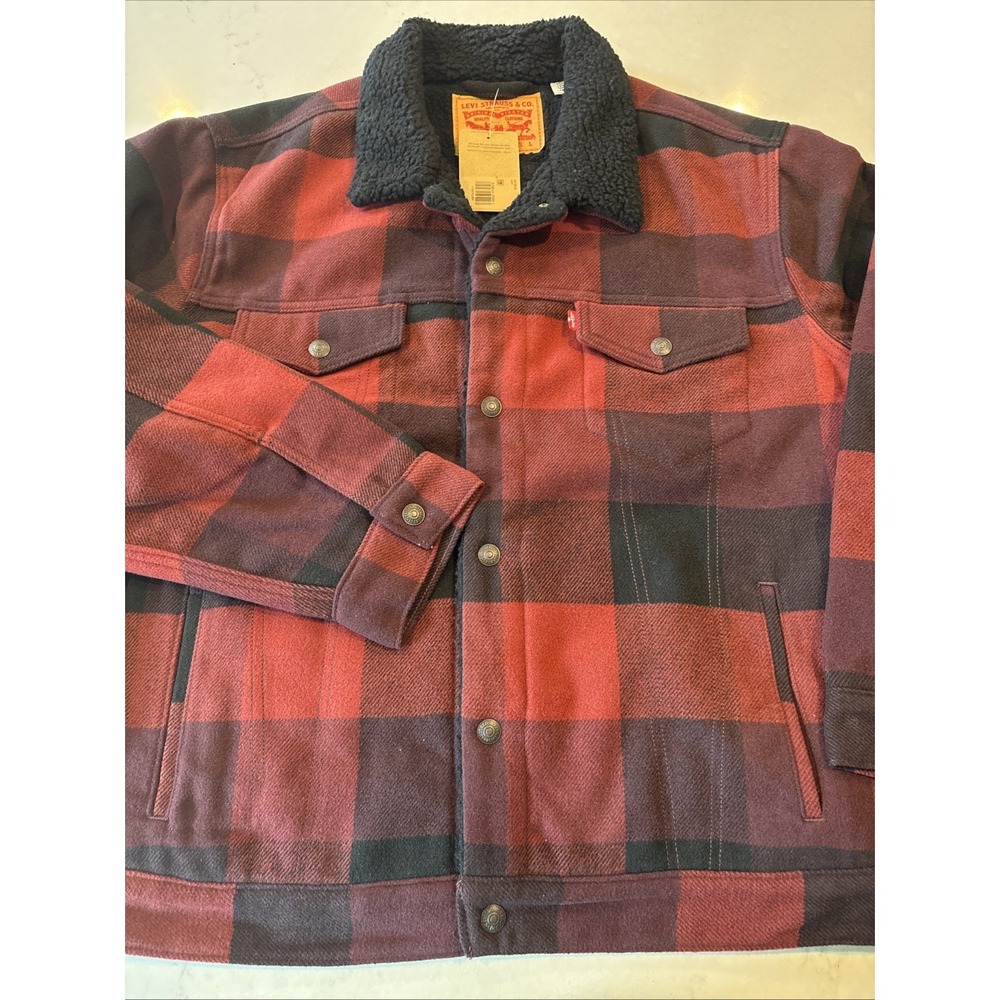 Levi's Sherpa Lined Trucker Jacket Mens L Red Black Buffalo Plaid Check Flannel